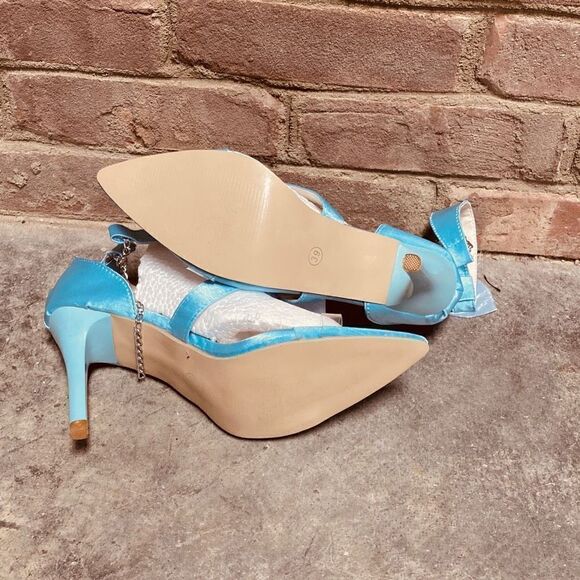 Blue Strappy Bow Pointed Toe Stiletto Sandal Heel Size 7.5 New - Picture 9 of 11
